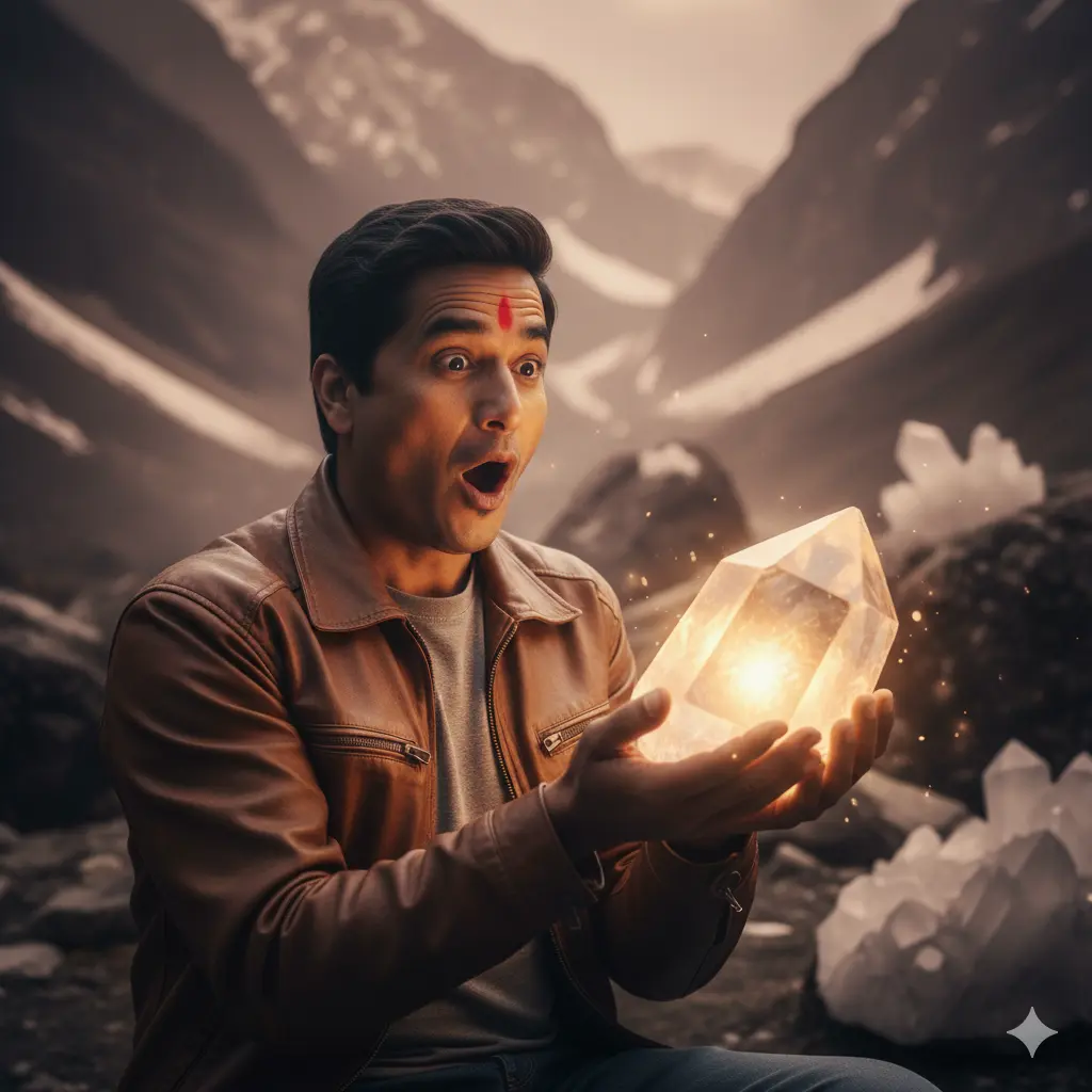 man holding crystal in his hands with happiness and excitement on his face